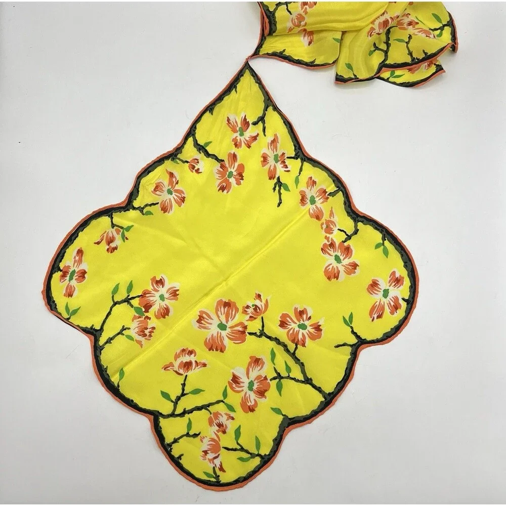 Vintage Asian Floral Silk Hanky Scarf Scalloped Edges Yellow Double Hankie *READ